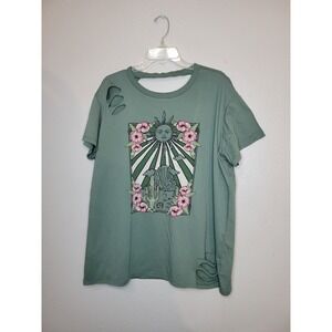 Torrid Womens Shirt XL Green Graphic Cotton Crew Neck‎ Open Back Distressed